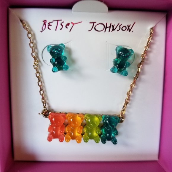 🧸💜💚Betsey Johnson Colorful Gummy Bear Necklace & Earrings - NWT&B💚💜🧸 - Picture 1 of 5